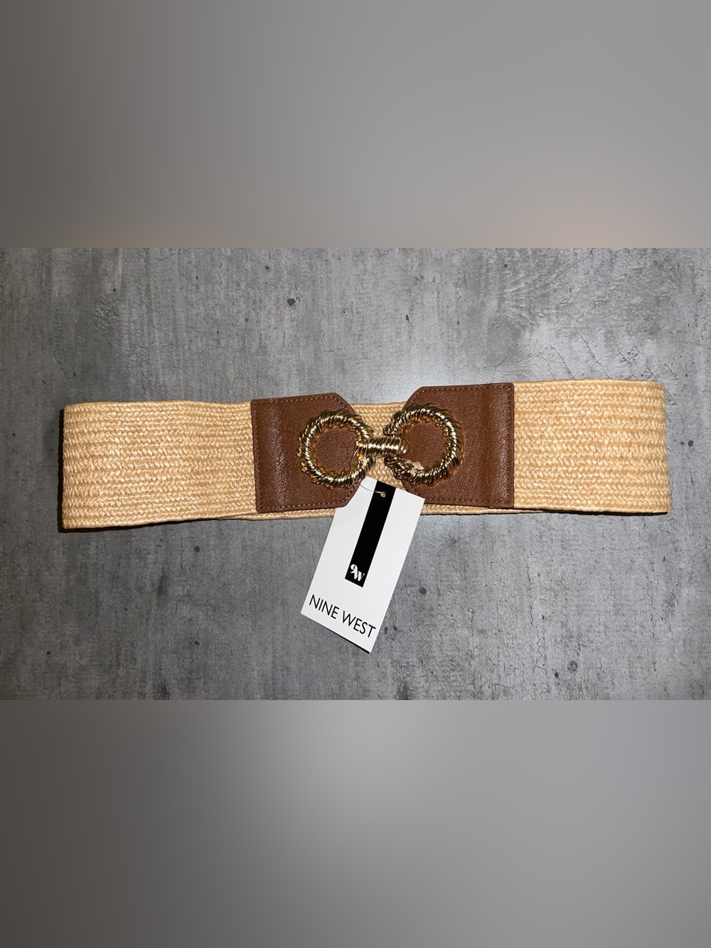 NEW Nine West Tan Woven Waist Belt with Brown Leather Accent and Gold Buckle